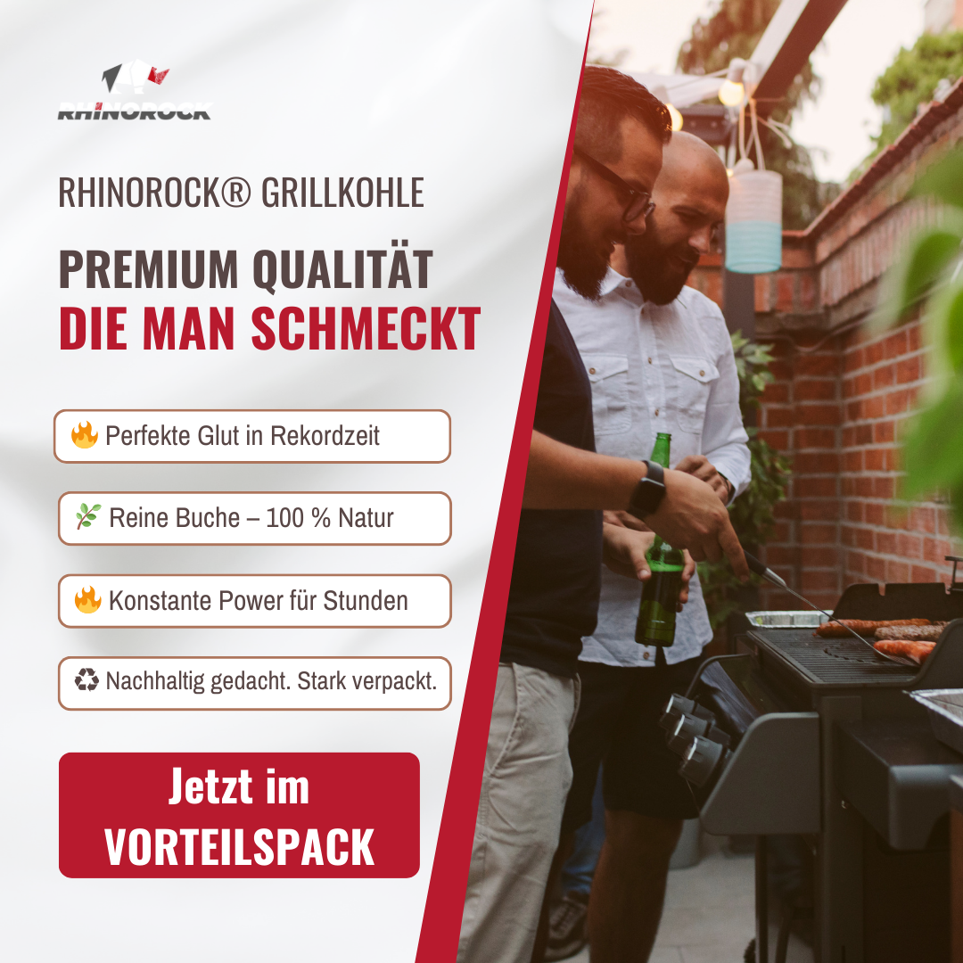 RHINOROCK Grillkohle Doppelpack 20 kg – Hochwertige Holzgrillkohle für intensiven Grillgeschmack und lange Glutdauer