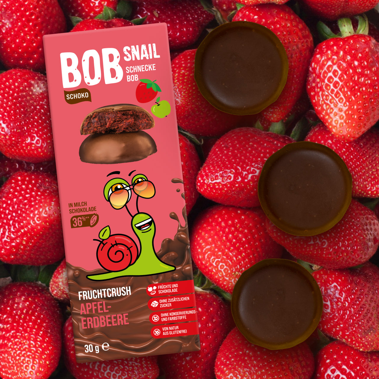 Bob Snail Fruchtcrush Apfel-Erdbeere in Vollmilchschokolade 24x30g