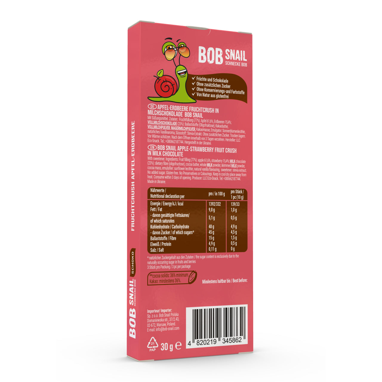 Bob Snail Fruchtcrush Apfel-Erdbeere in Vollmilchschokolade 24x30g