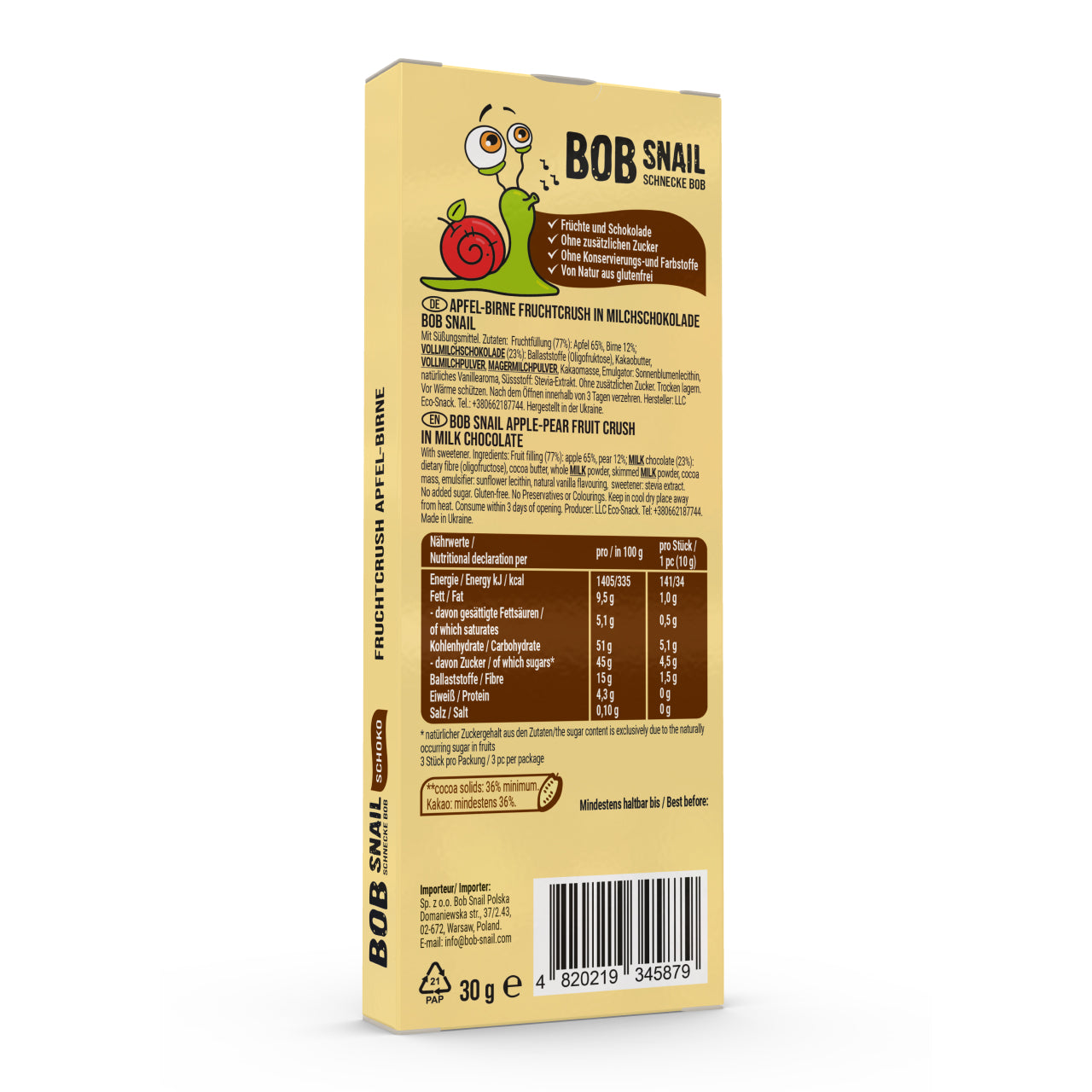 Bob Snail Fruchtcrush Apfel-Birne in Vollmilchschokolade 24x30g