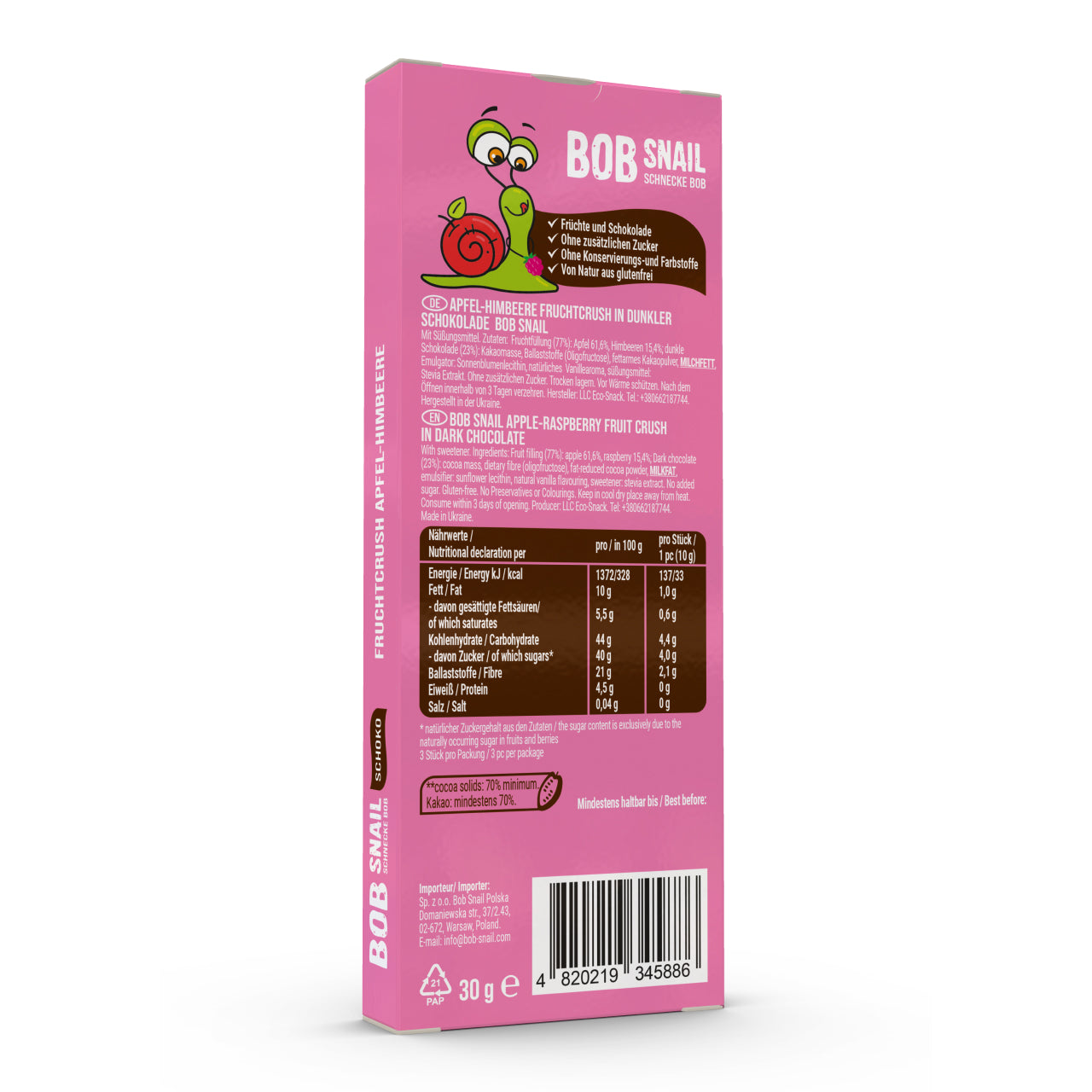 Bob Snail Fruchtcrush Apfel-Himbeere in Zartbitterschokolade 24x30g