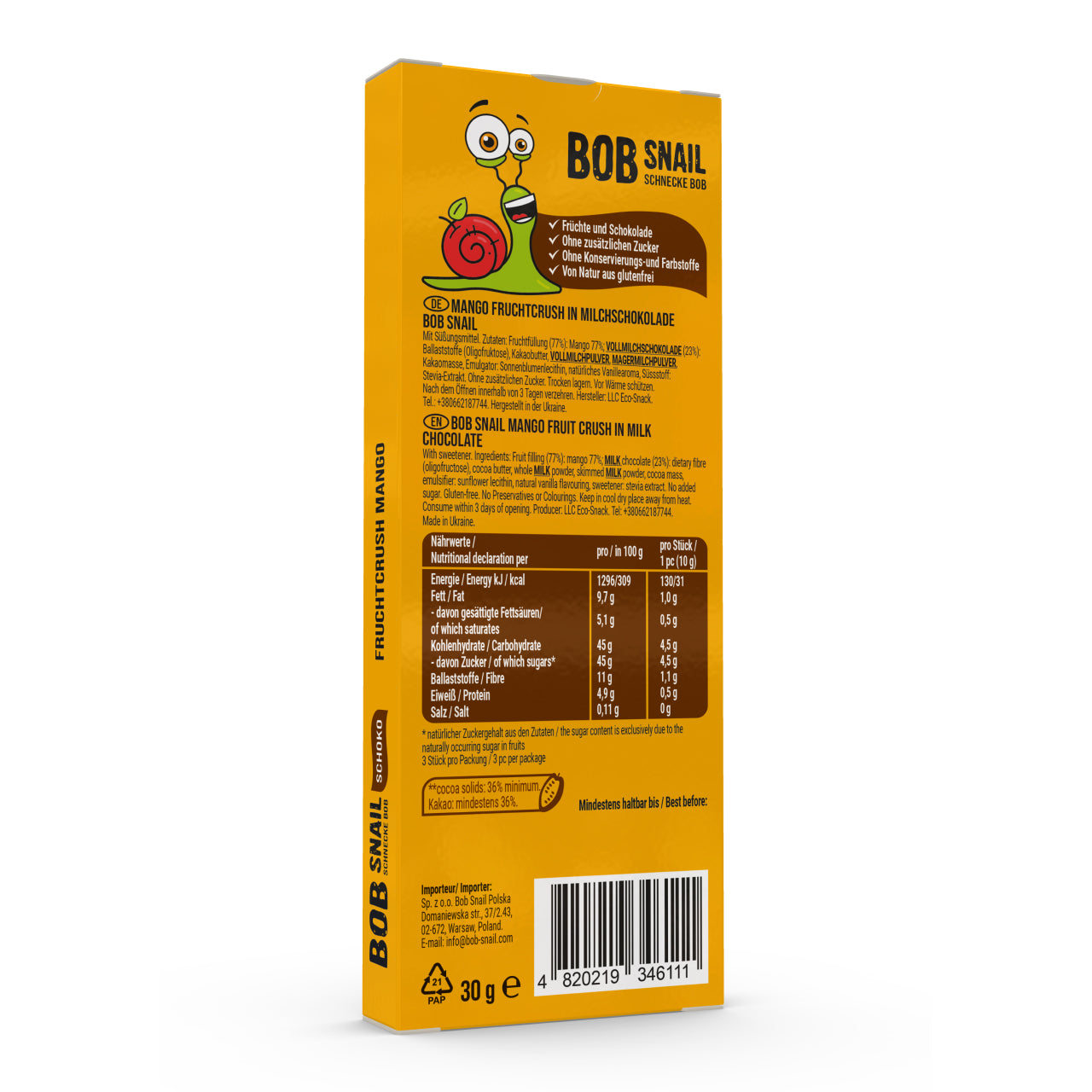 Bob Snail Fruchtcrush Mango in Vollmilchschokolade 24x30g