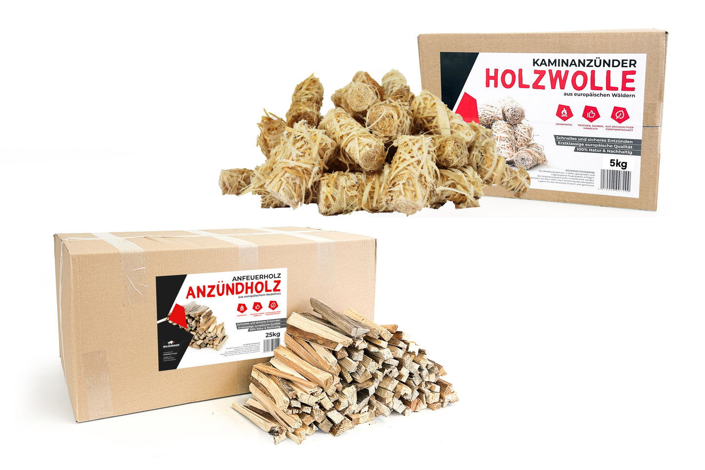 RHINOROCK Feuerstarter Set XL – 30 kg (25 kg Anzündholz, 5 kg Holzwolle-Anzünder) – Für schnelles und sauberes Entzünden von Kamin, Grill & Lagerfeuer