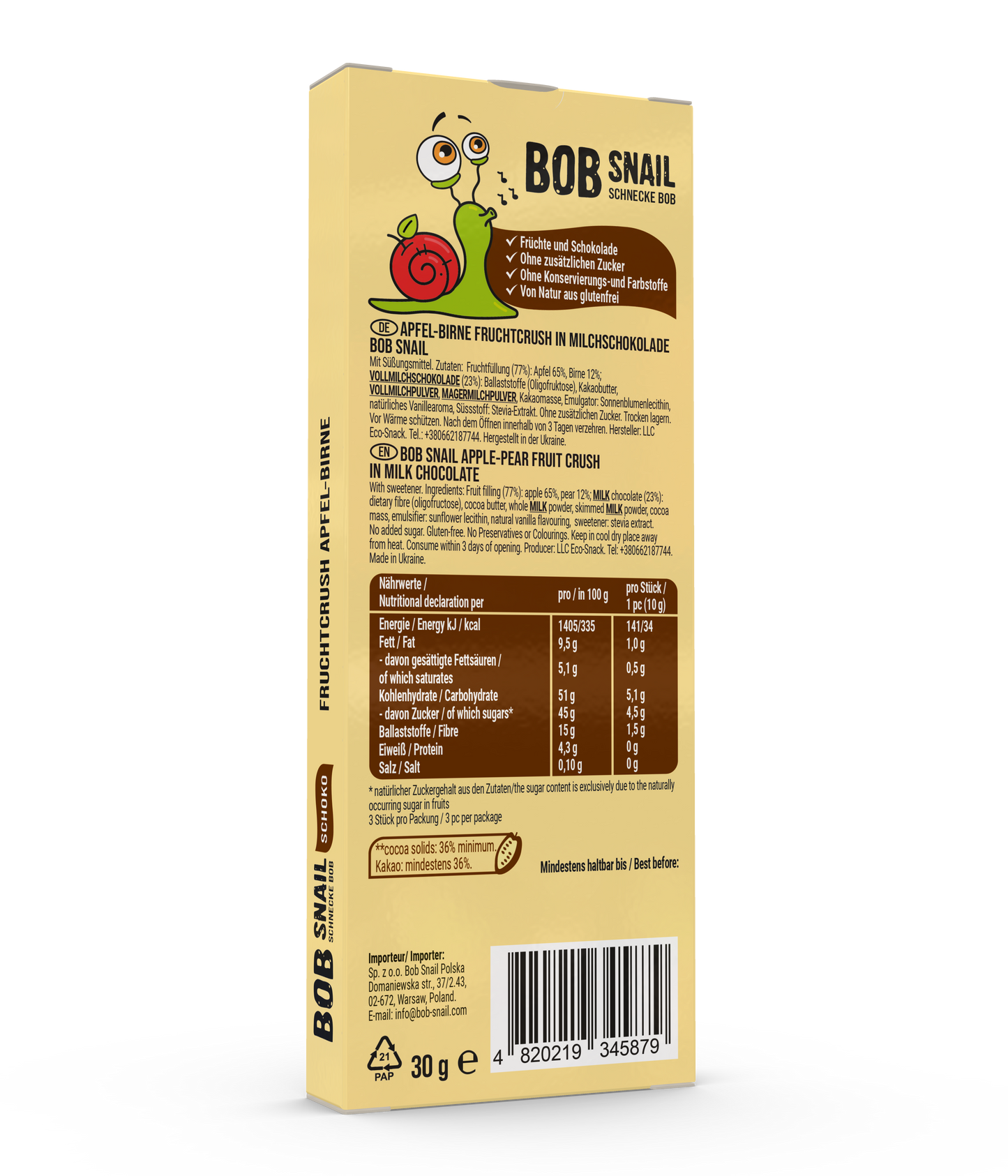 Bob Snail Fruchtcrush Apfel-Birne in Vollmilchschokolade 24x30g