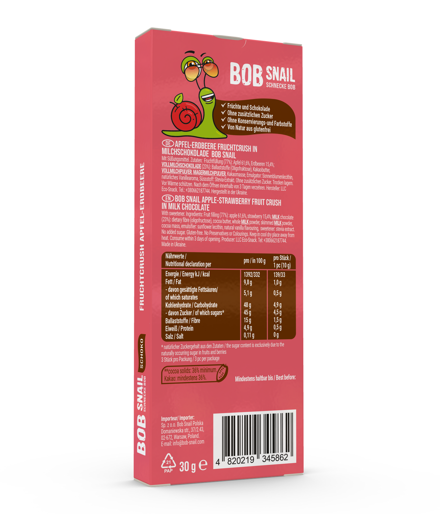 Bob Snail Fruchtcrush Apfel-Erdbeere in Vollmilchschokolade 24x30g