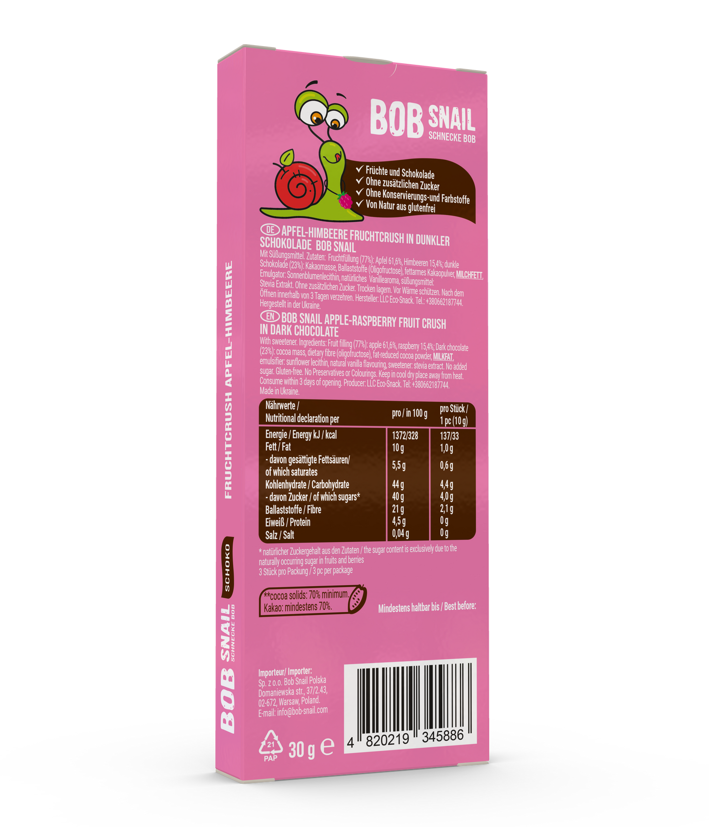 Bob Snail Fruchtcrush Apfel-Himbeere in Zartbitterschokolade 24x30g