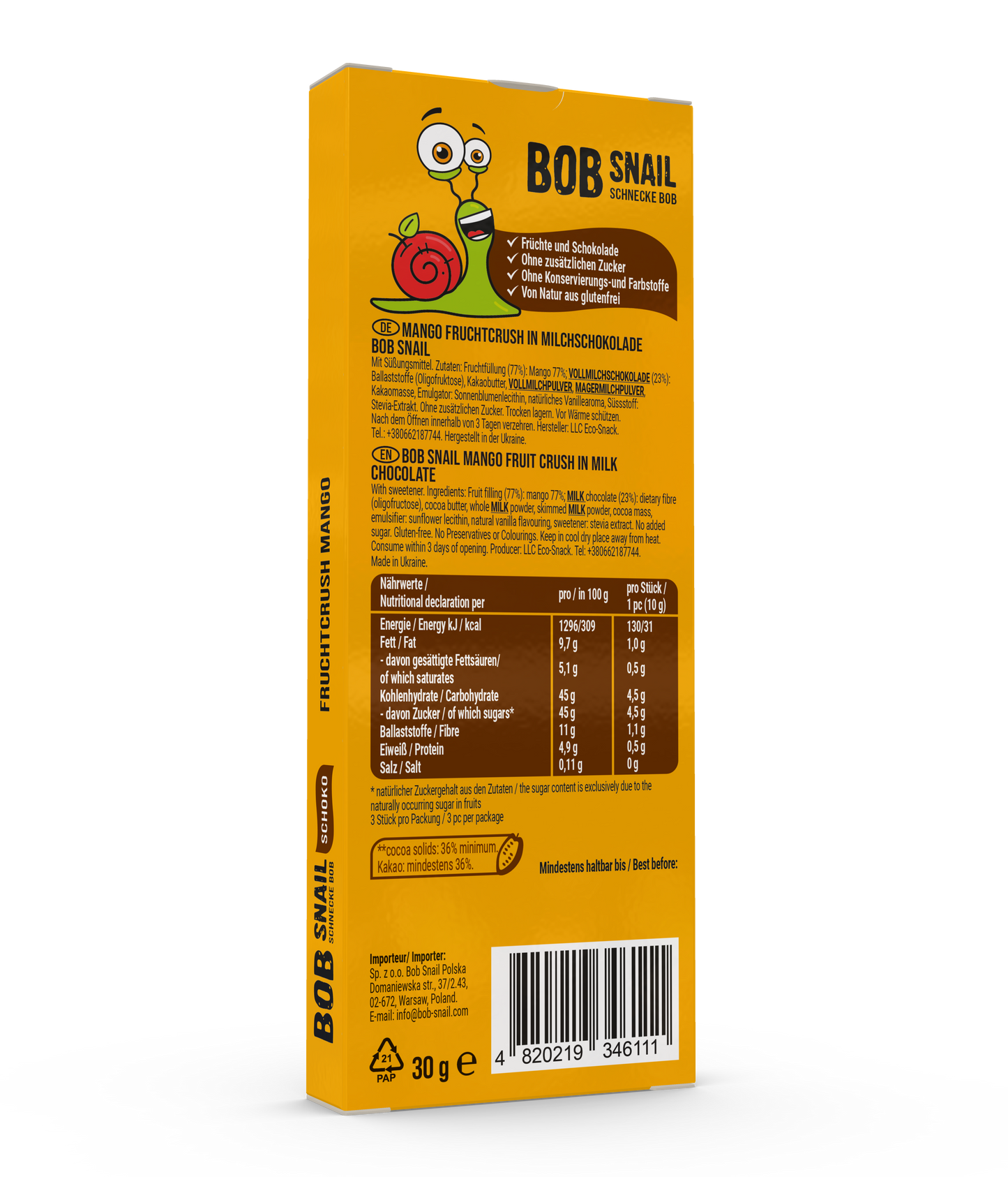 Bob Snail Fruchtcrush Mango in Vollmilchschokolade 24x30g