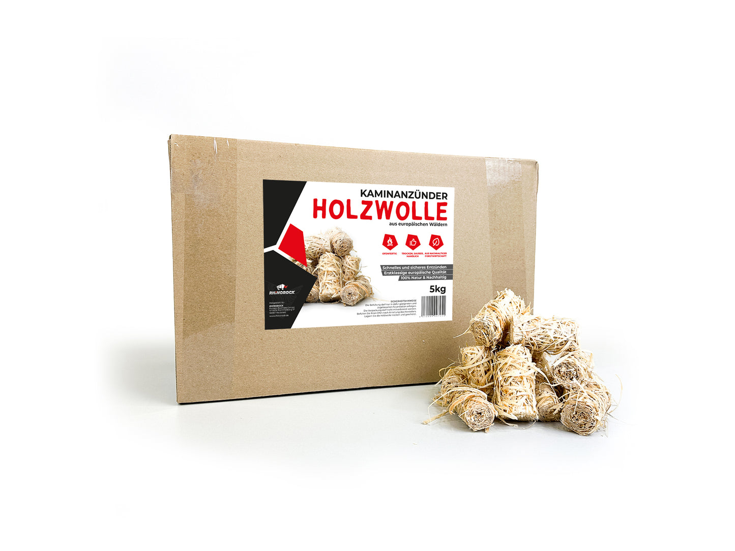 RHINOROCK Premium Holzwolle Anzünder 5 kg – Schnell zündend, umweltfreundlich, ideal für Kamin, Ofen & Grill
