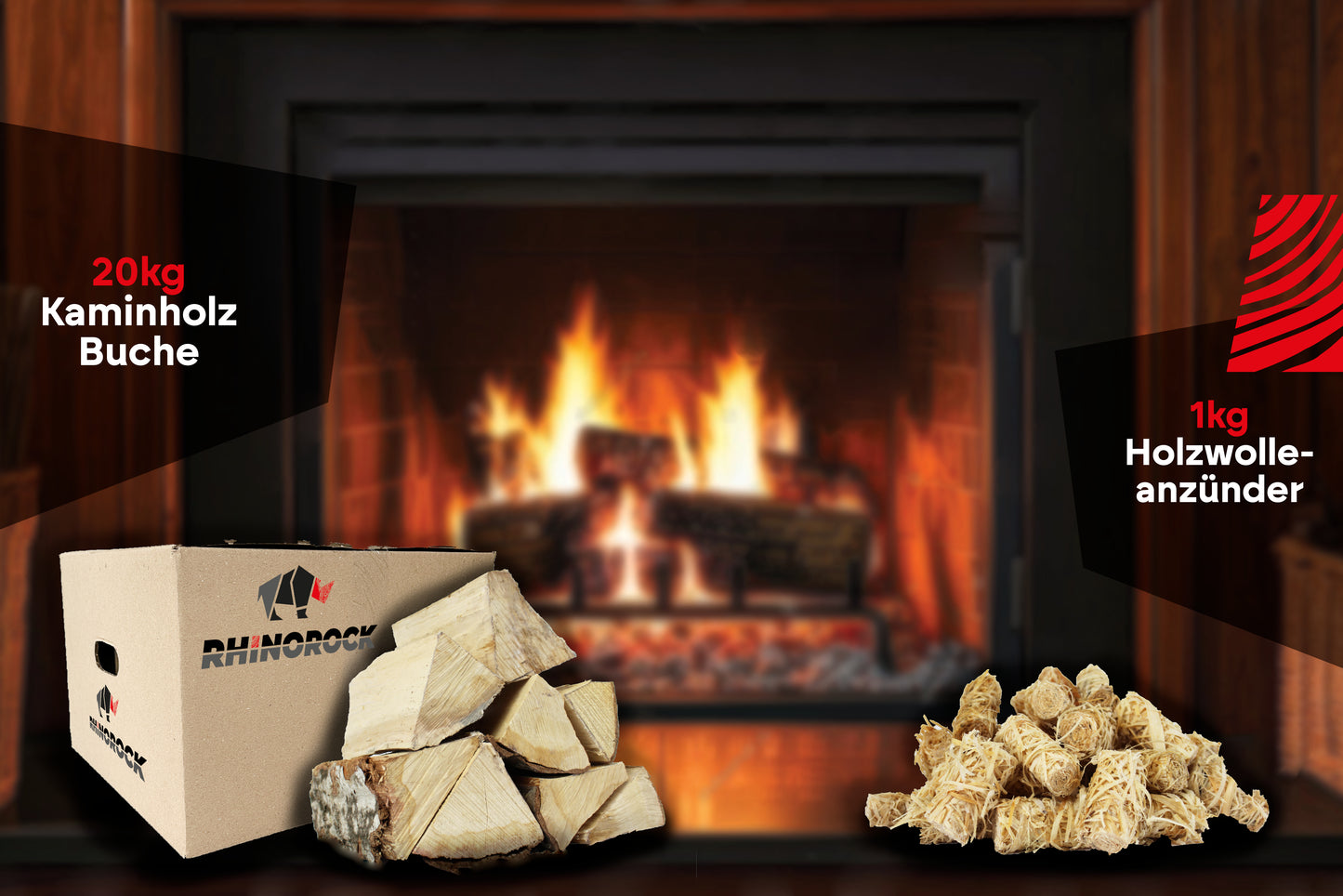 RHINOROCK Kaminfreude Starter Set – 21 kg (20 kg Buchenholz + 1 kg Holzwolle-Anzünder) – Ofenfertig, nachhaltig & ideal für gemütliche Kaminabende