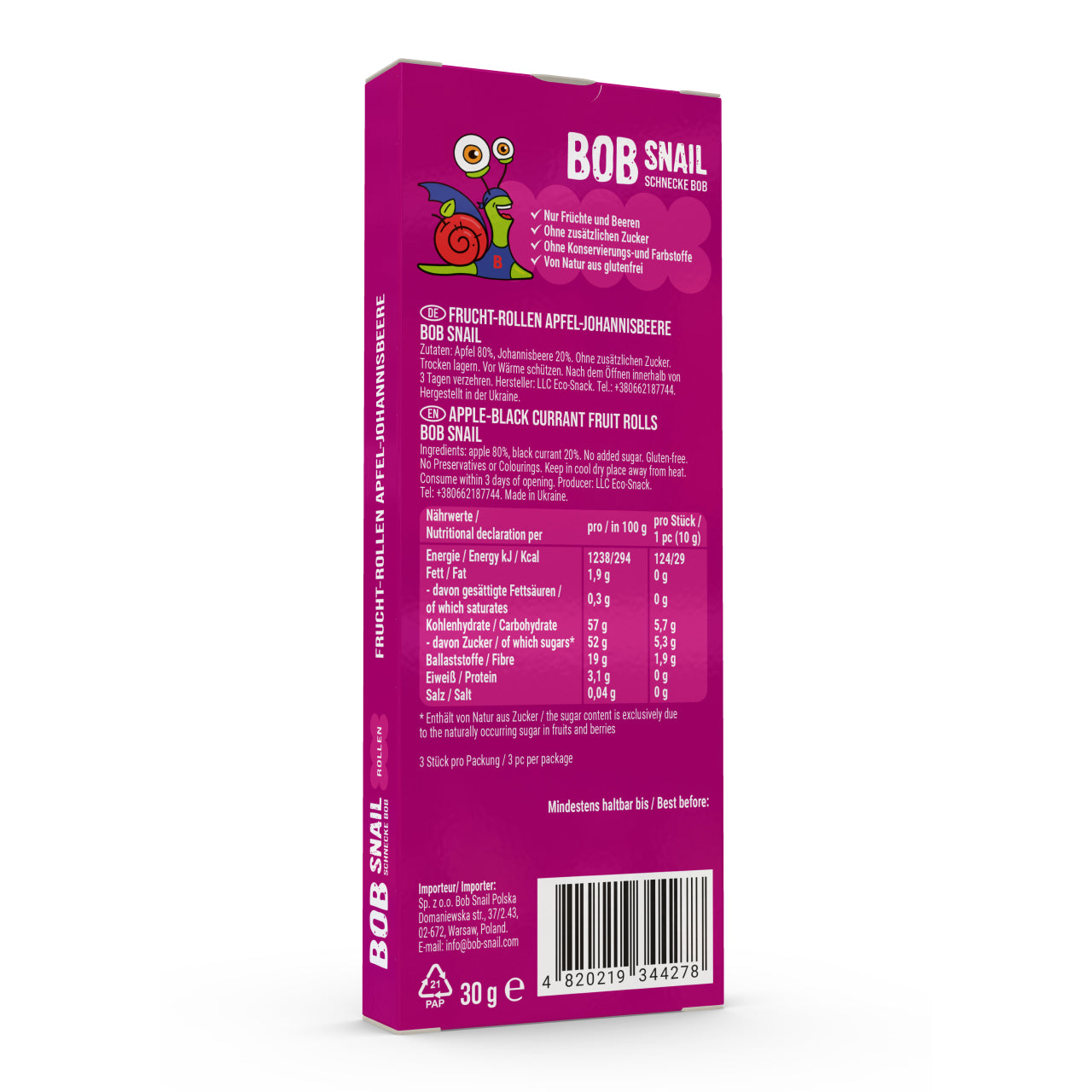 Bob Snail Fruchtrollen Apfel-Johannisbeere 24x30g AKTION