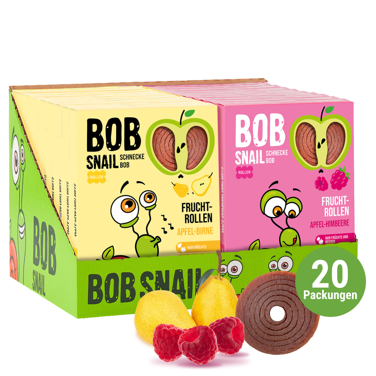 Bob Snail Fruchtrollen Set – Apfel-Birne & Apfel-Himbeere je 10 Fruchtrollen (insgesamt 20 Stück, 60 g) – 100 % Frucht, vegan, ohne Zuckerzusatz