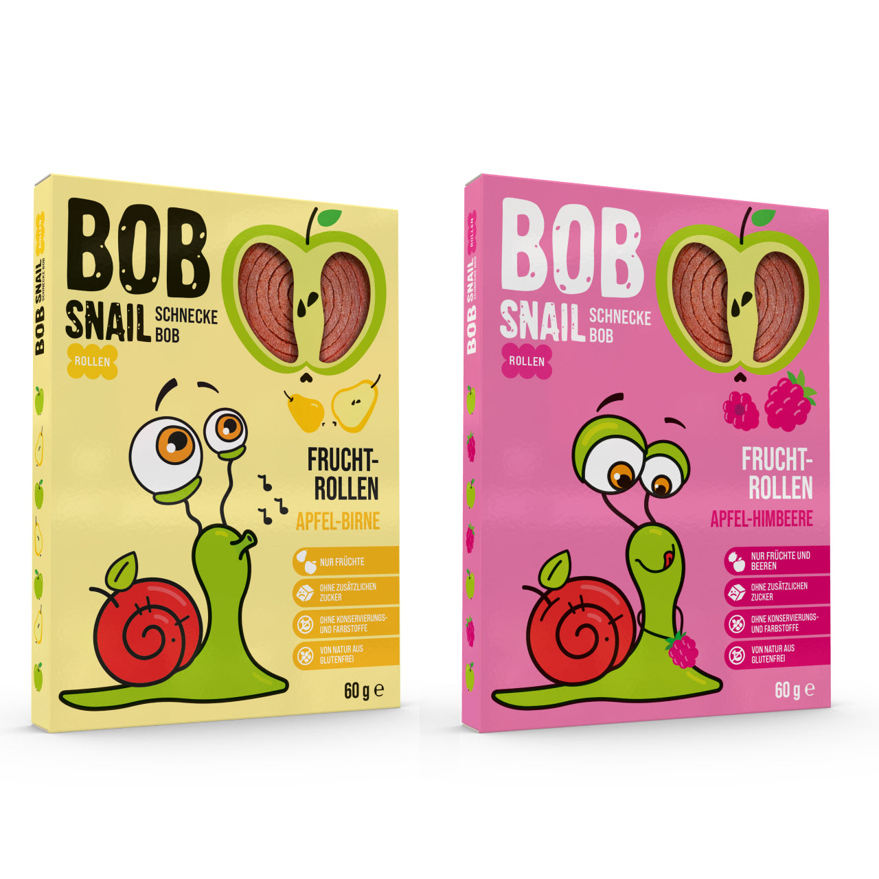 Bob Snail Fruchtrollen Set – Apfel-Birne & Apfel-Himbeere je 10 Fruchtrollen (insgesamt 20 Stück, 60 g) – 100 % Frucht, vegan, ohne Zuckerzusatz