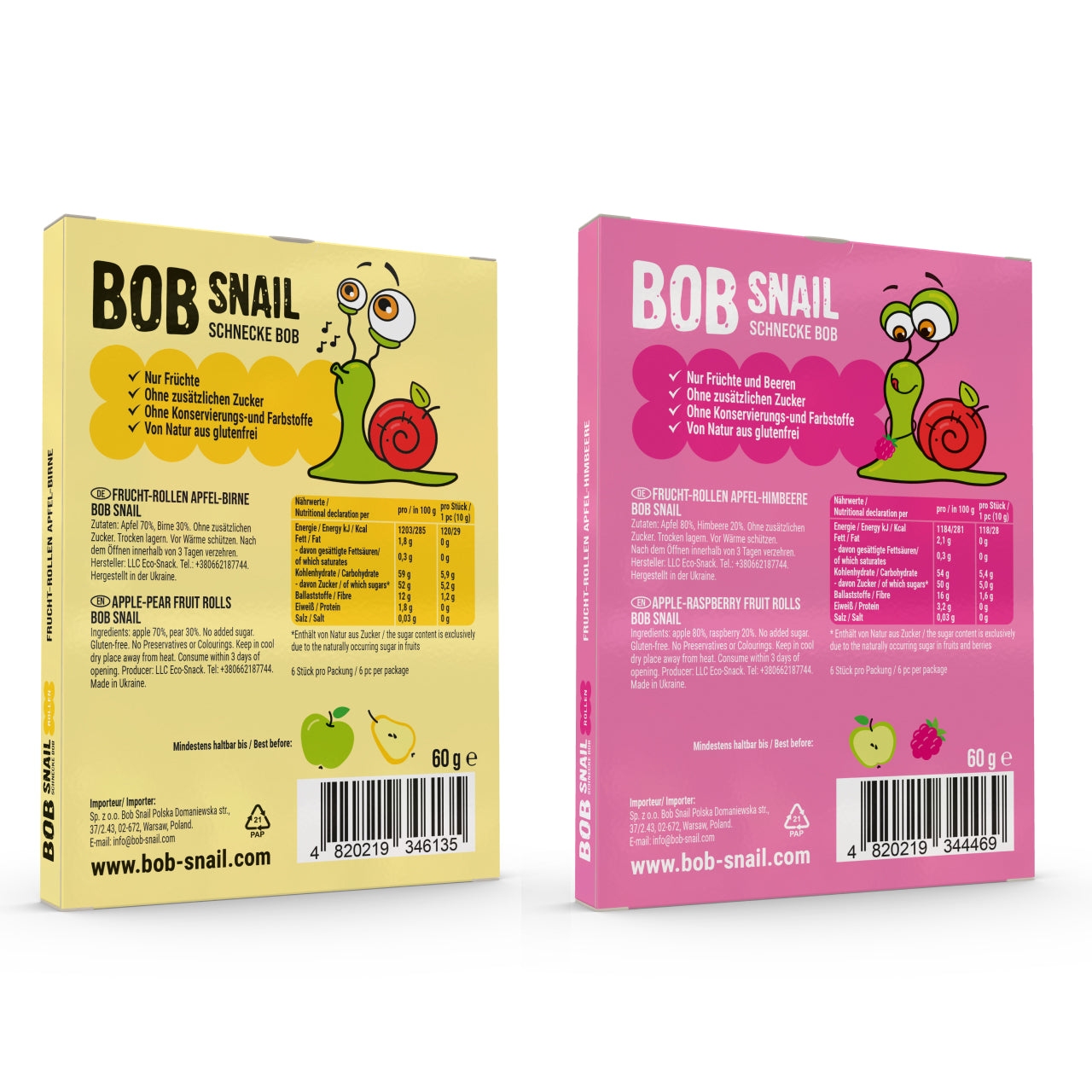 Bob Snail Fruchtrollen Set – Apfel-Birne & Apfel-Himbeere je 10 Fruchtrollen (insgesamt 20 Stück, 60 g) – 100 % Frucht, vegan, ohne Zuckerzusatz