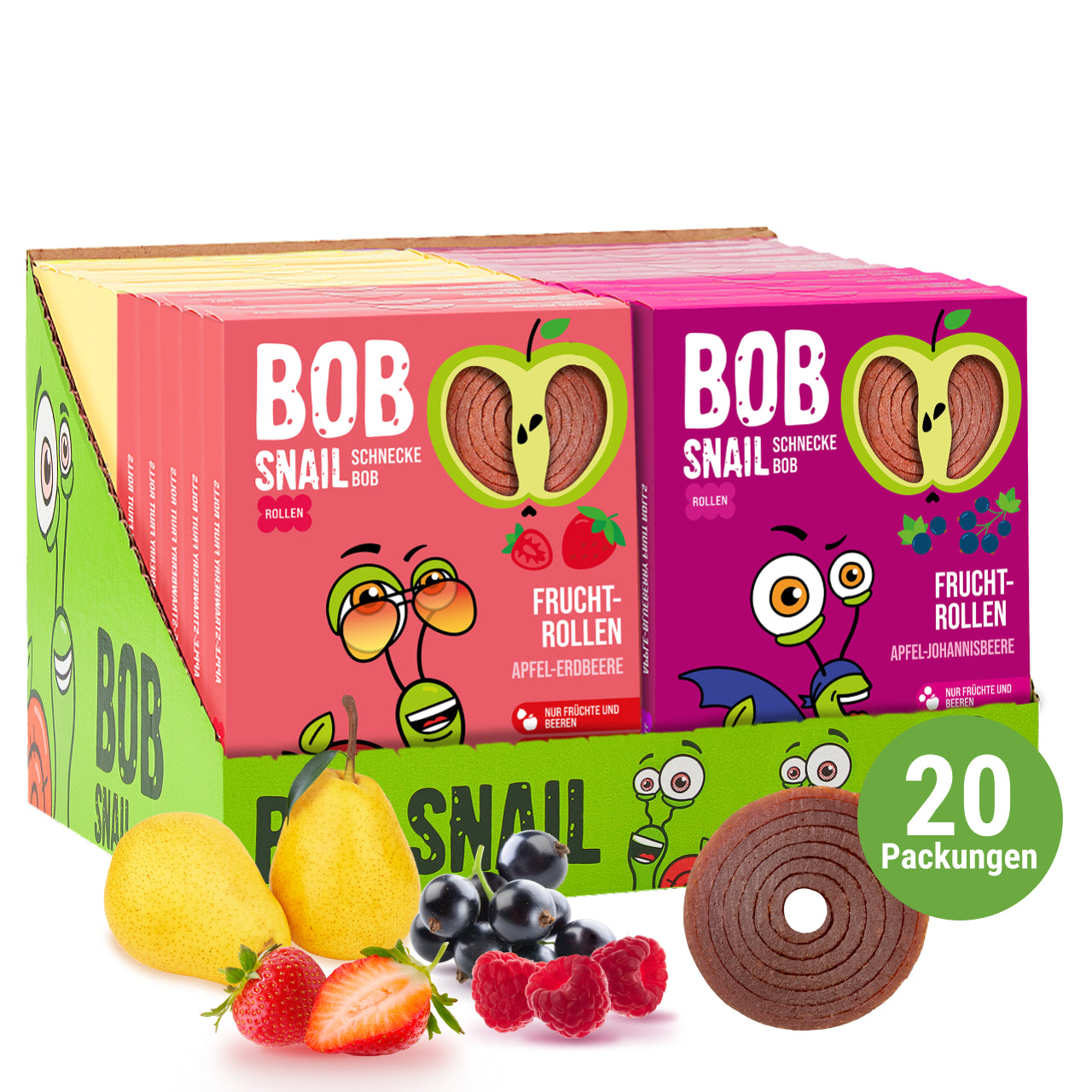 Bob Snail Set 10 - Fruchtrollen je 5 x 60g (Apfel-Erdbeere, Himbeere, Birne, Johannisbeere)