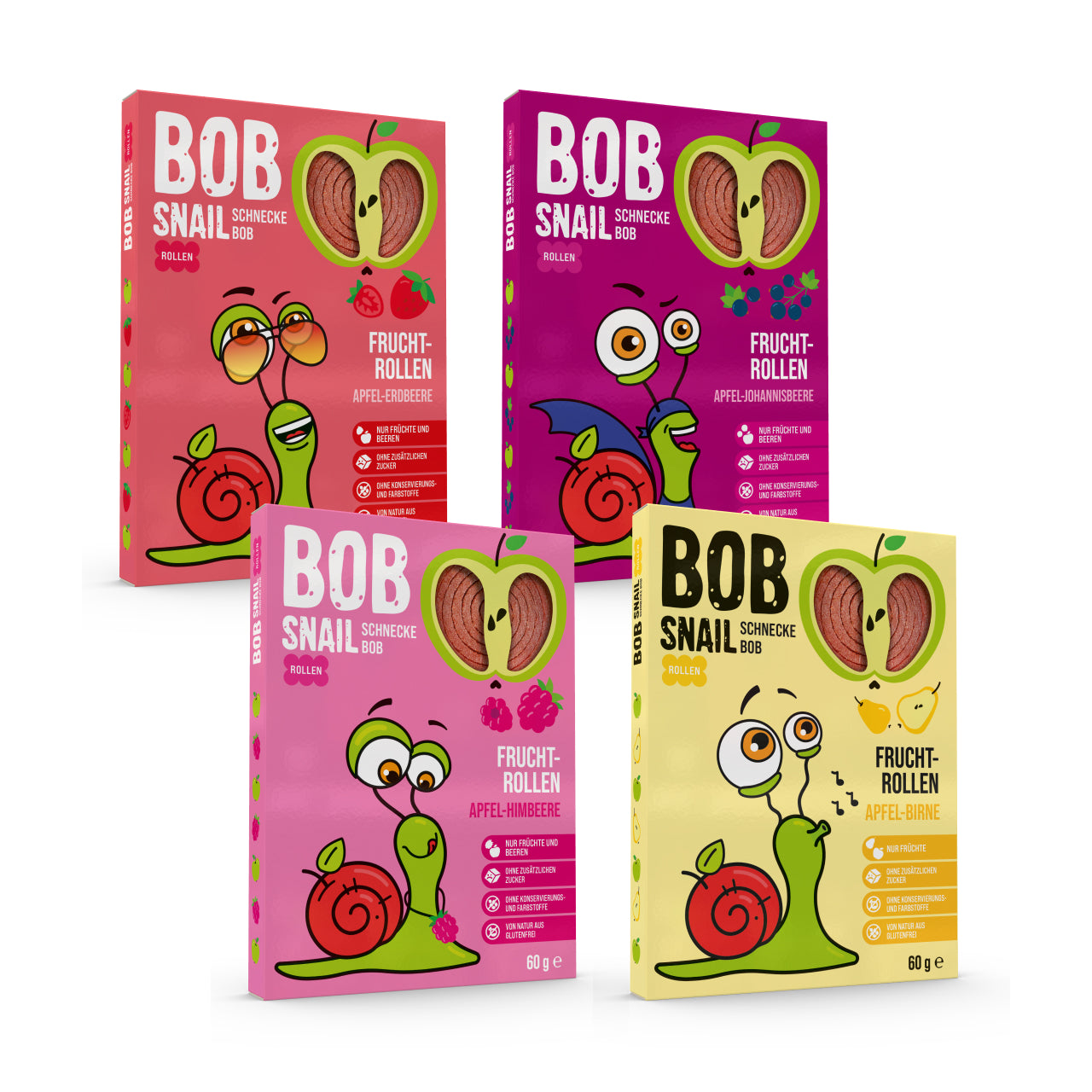 Bob Snail Set 10 - Fruchtrollen je 5 x 60g (Apfel-Erdbeere, Himbeere, Birne, Johannisbeere)