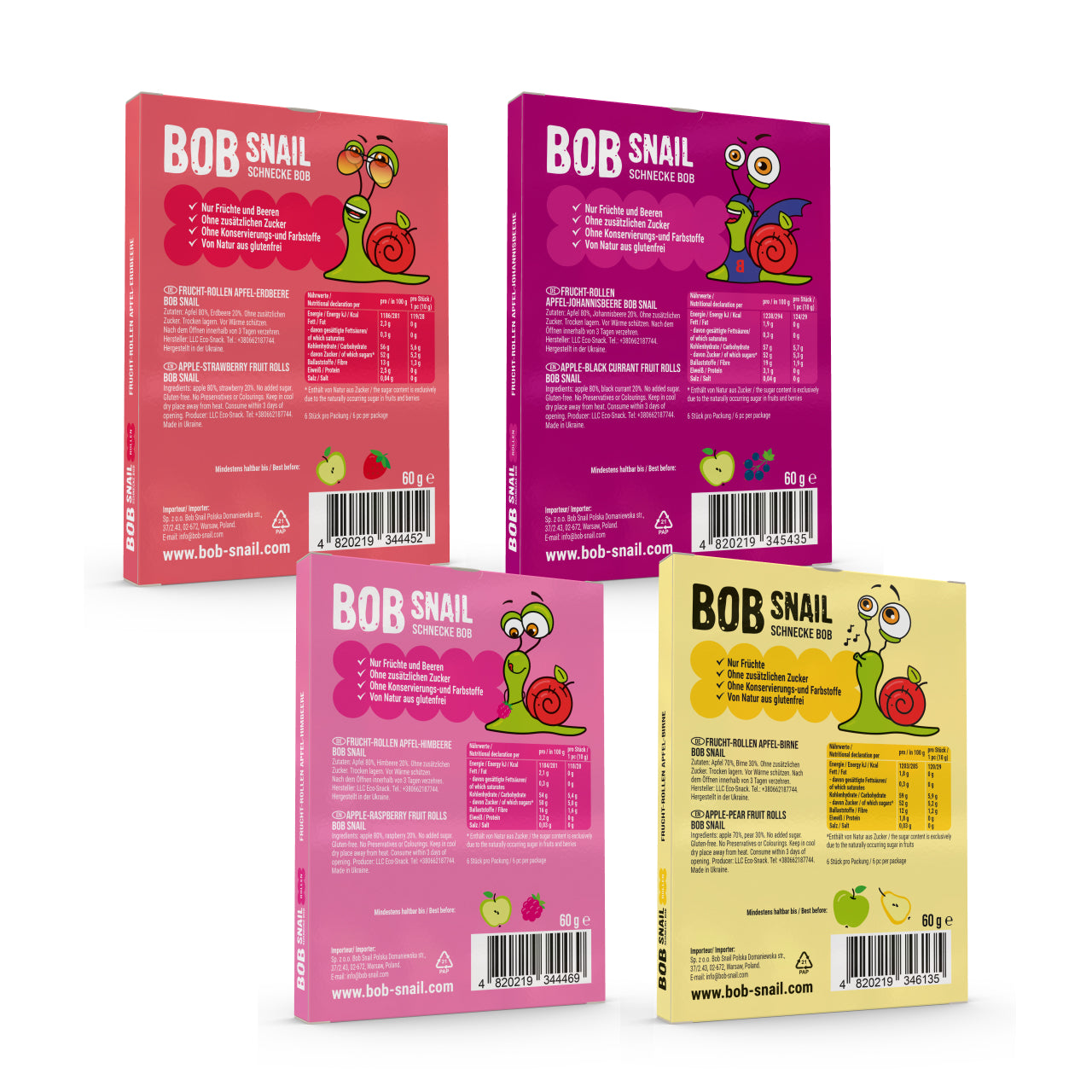 Bob Snail Set 10 - Fruchtrollen je 5 x 60g (Apfel-Erdbeere, Himbeere, Birne, Johannisbeere)