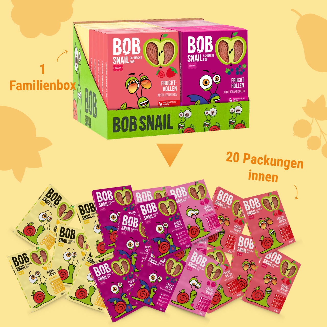 Bob Snail Set 10 - Fruchtrollen je 5 x 60g (Apfel-Erdbeere, Himbeere, Birne, Johannisbeere)