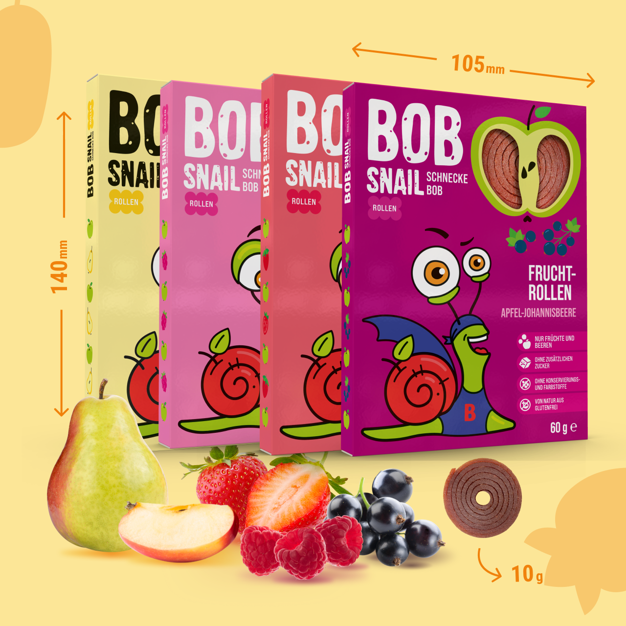 Bob Snail Set 10 - Fruchtrollen je 5 x 60g (Apfel-Erdbeere, Himbeere, Birne, Johannisbeere)