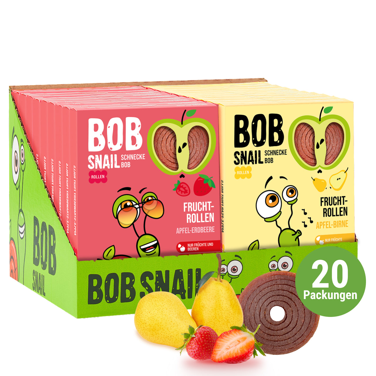 Bob Snail Set 9 - Fruchtrollen je 10x 60g (Apfel-Erdbeere & Apfel-Birne) – 100 % Frucht, vegan, ohne Zuckerzusatz