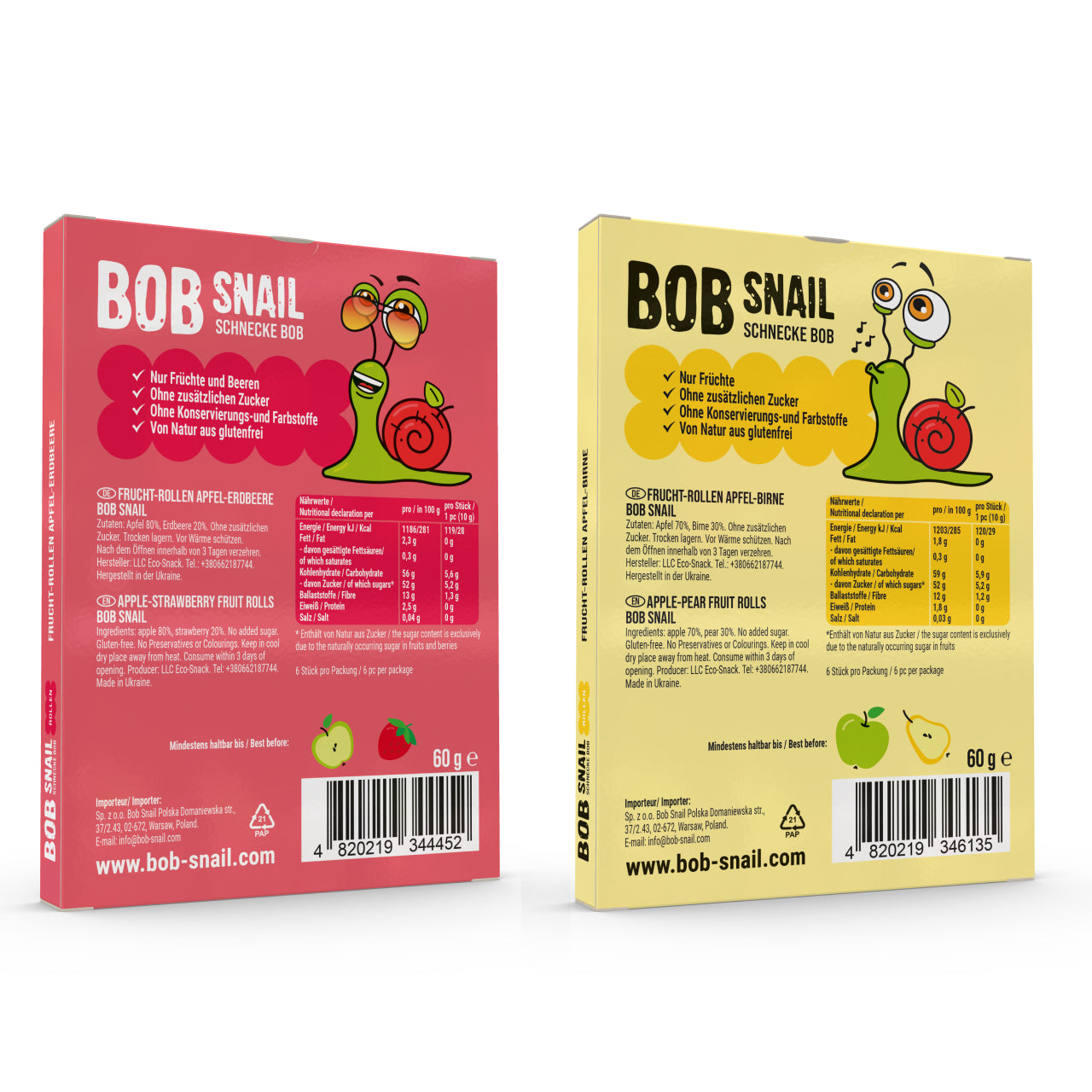 Bob Snail Set 9 - Fruchtrollen je 10x 60g (Apfel-Erdbeere & Apfel-Birne) – 100 % Frucht, vegan, ohne Zuckerzusatz