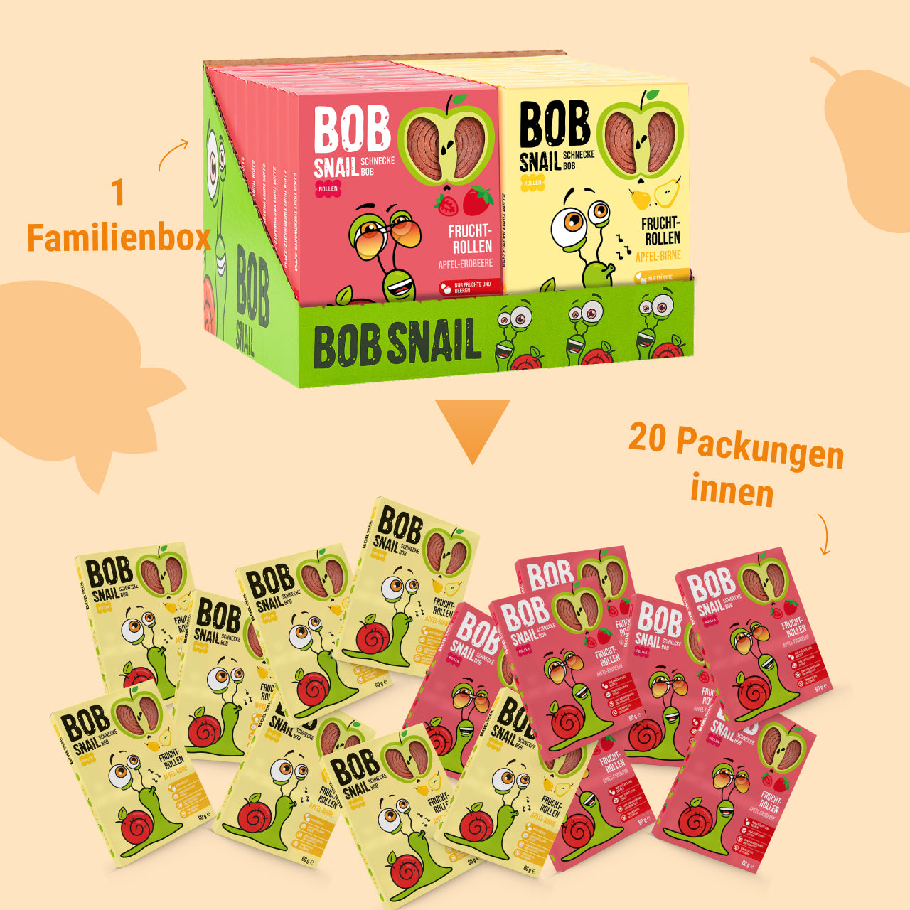 Bob Snail Set 9 - Fruchtrollen je 10x 60g (Apfel-Erdbeere & Apfel-Birne) – 100 % Frucht, vegan, ohne Zuckerzusatz