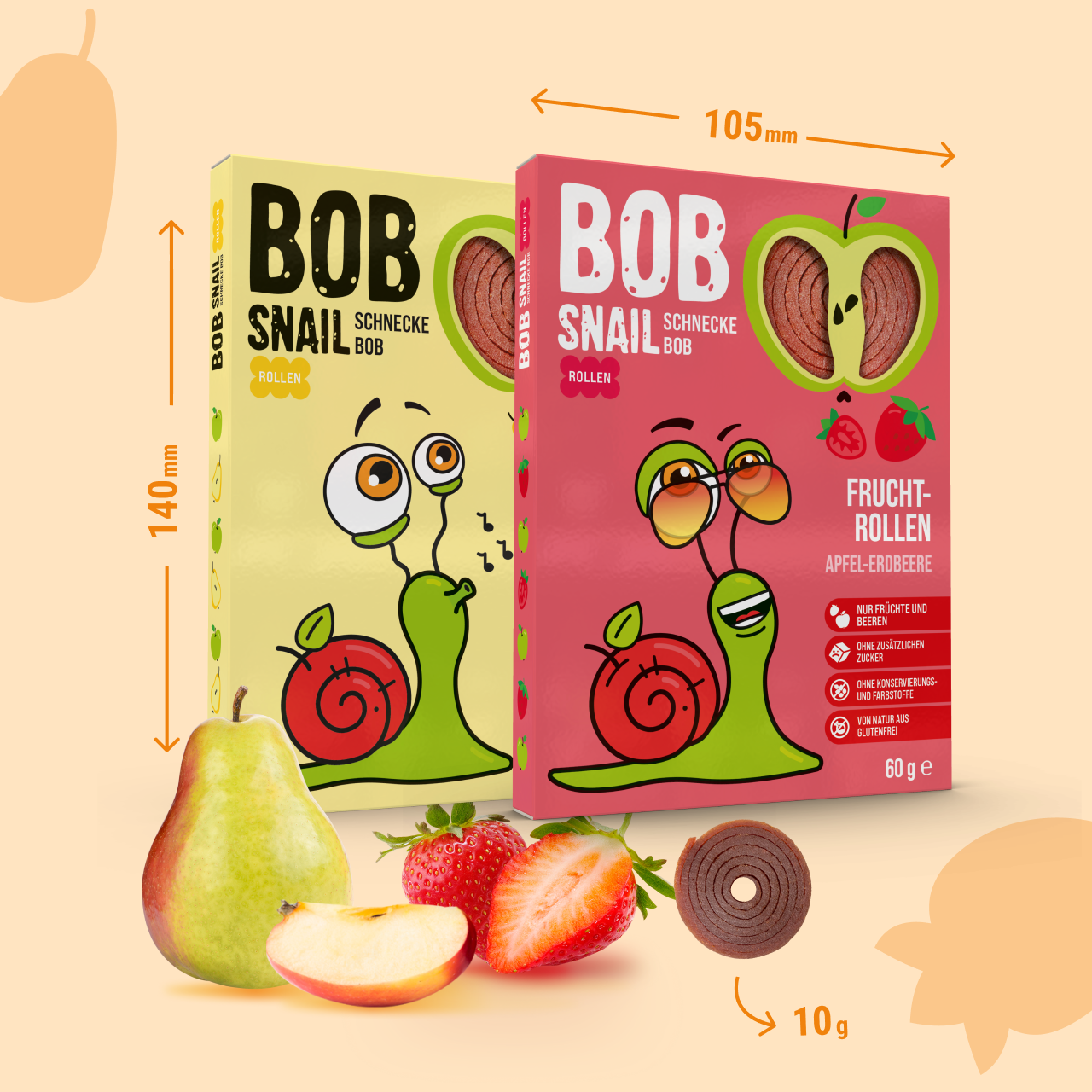 Bob Snail Set 9 - Fruchtrollen je 10x 60g (Apfel-Erdbeere & Apfel-Birne) – 100 % Frucht, vegan, ohne Zuckerzusatz