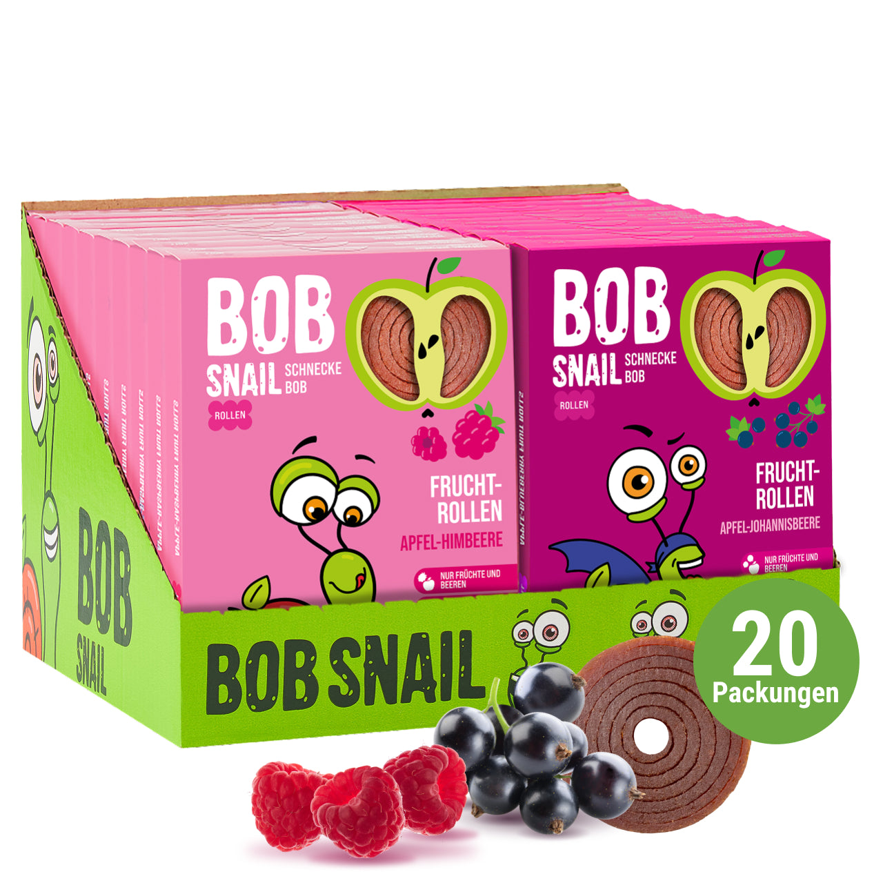 Bob Snail Set 8 - Fruchtrollen je 10 x 60g (Apfel-Himbeere & Apfel-Johannisbeere) – 100 % Frucht, vegan, ohne Zuckerzusatz