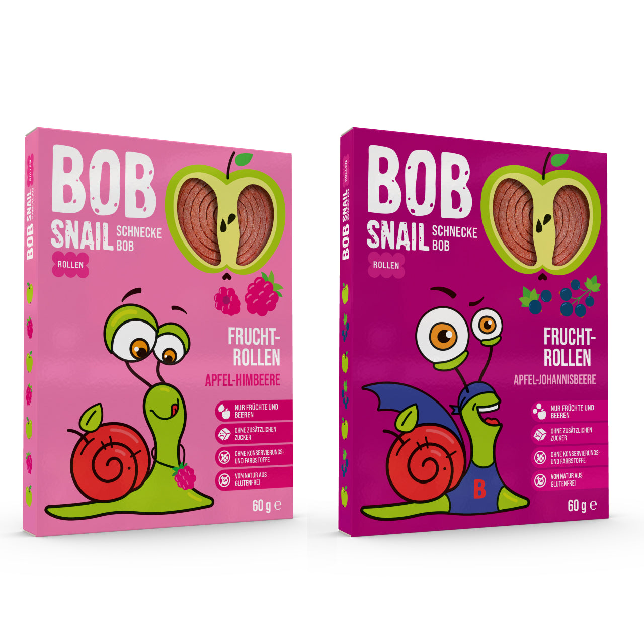 Bob Snail Set 8 - Fruchtrollen je 10 x 60g (Apfel-Himbeere & Apfel-Johannisbeere) – 100 % Frucht, vegan, ohne Zuckerzusatz