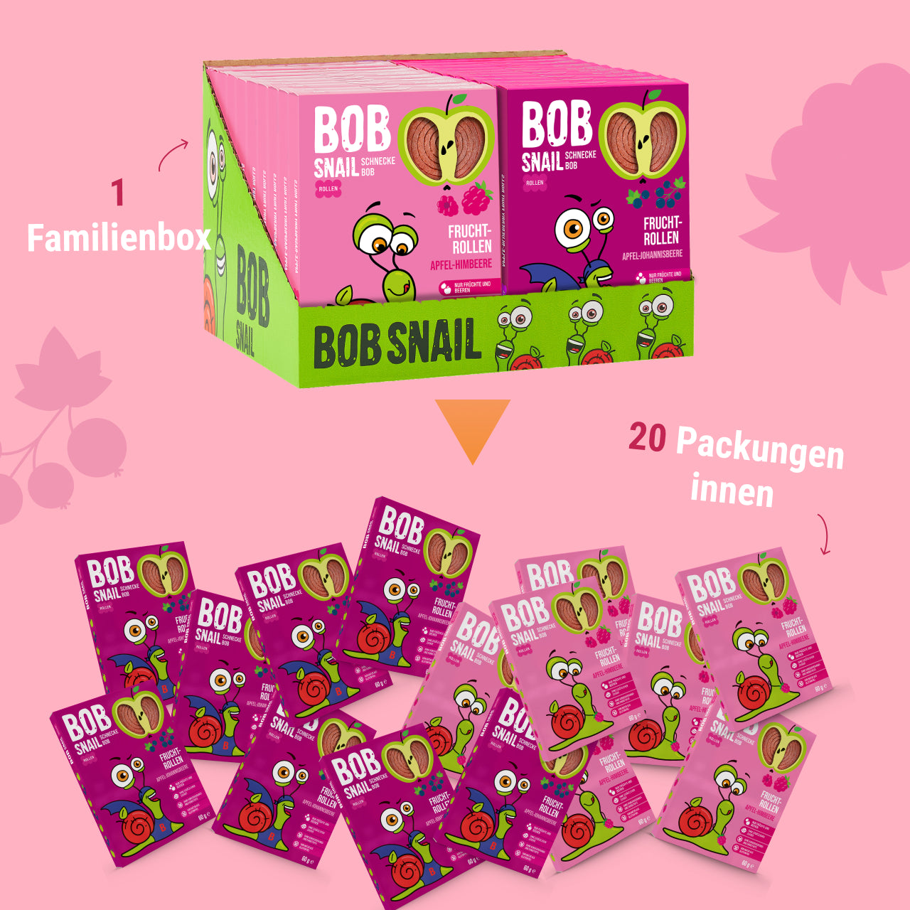 Bob Snail Set 8 - Fruchtrollen je 10 x 60g (Apfel-Himbeere & Apfel-Johannisbeere) – 100 % Frucht, vegan, ohne Zuckerzusatz