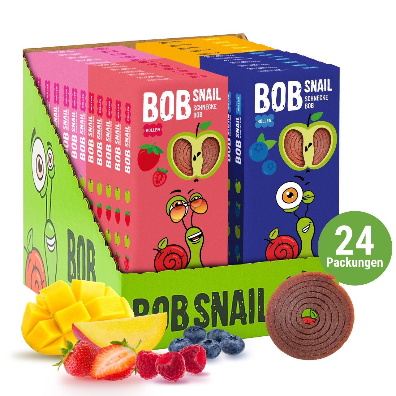 Bob Snail Set 1 – Fruchtrollen je 6 x 30g (Apfel-Heidelbeere, Apfel-Erdbeere, Mango, Apfel-Himbeere)