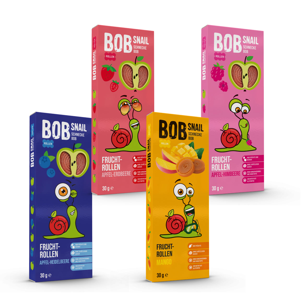 Bob Snail Set 1 – Fruchtrollen je 6 x 30g (Apfel-Heidelbeere, Apfel-Erdbeere, Mango, Apfel-Himbeere)