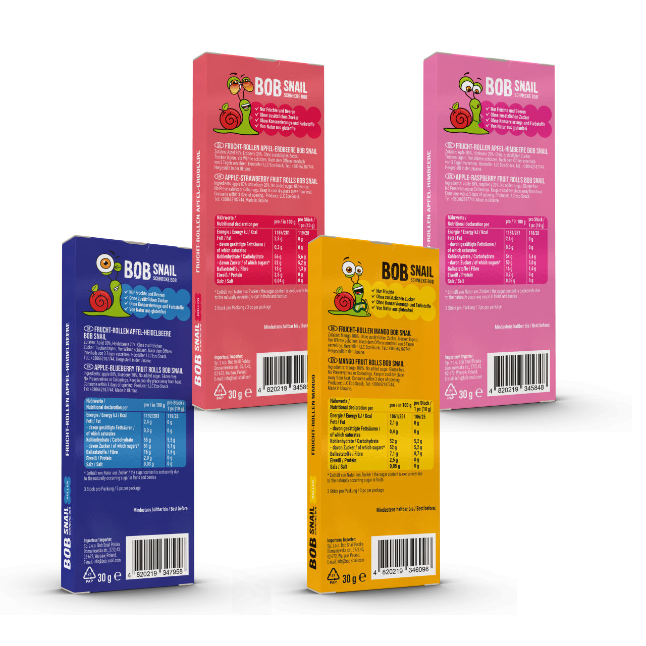 Bob Snail Set 1 – Fruchtrollen je 6 x 30g (Apfel-Heidelbeere, Apfel-Erdbeere, Mango, Apfel-Himbeere)
