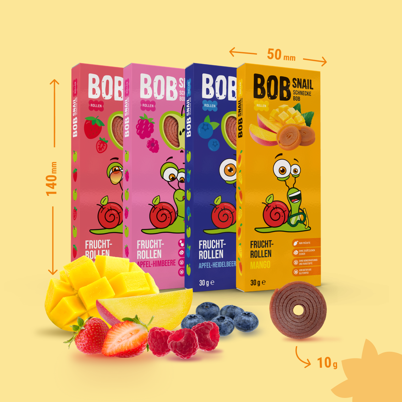 Bob Snail Set 1 – Fruchtrollen je 6 x 30g (Apfel-Heidelbeere, Apfel-Erdbeere, Mango, Apfel-Himbeere)