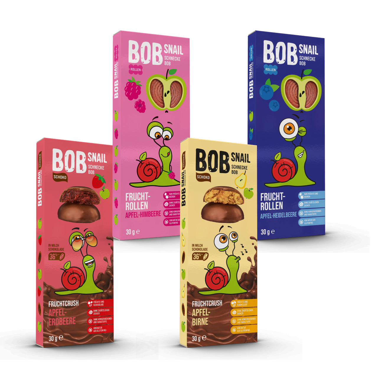 Bob Snail Set 5 – Fruchtrollen & Fruchtcrush je 6 x 30g (Rollen: Apfel-Himbeere, Apfel-Heidelbeere | Crush: Apfel-Erdbeere, Apfel-Birne)