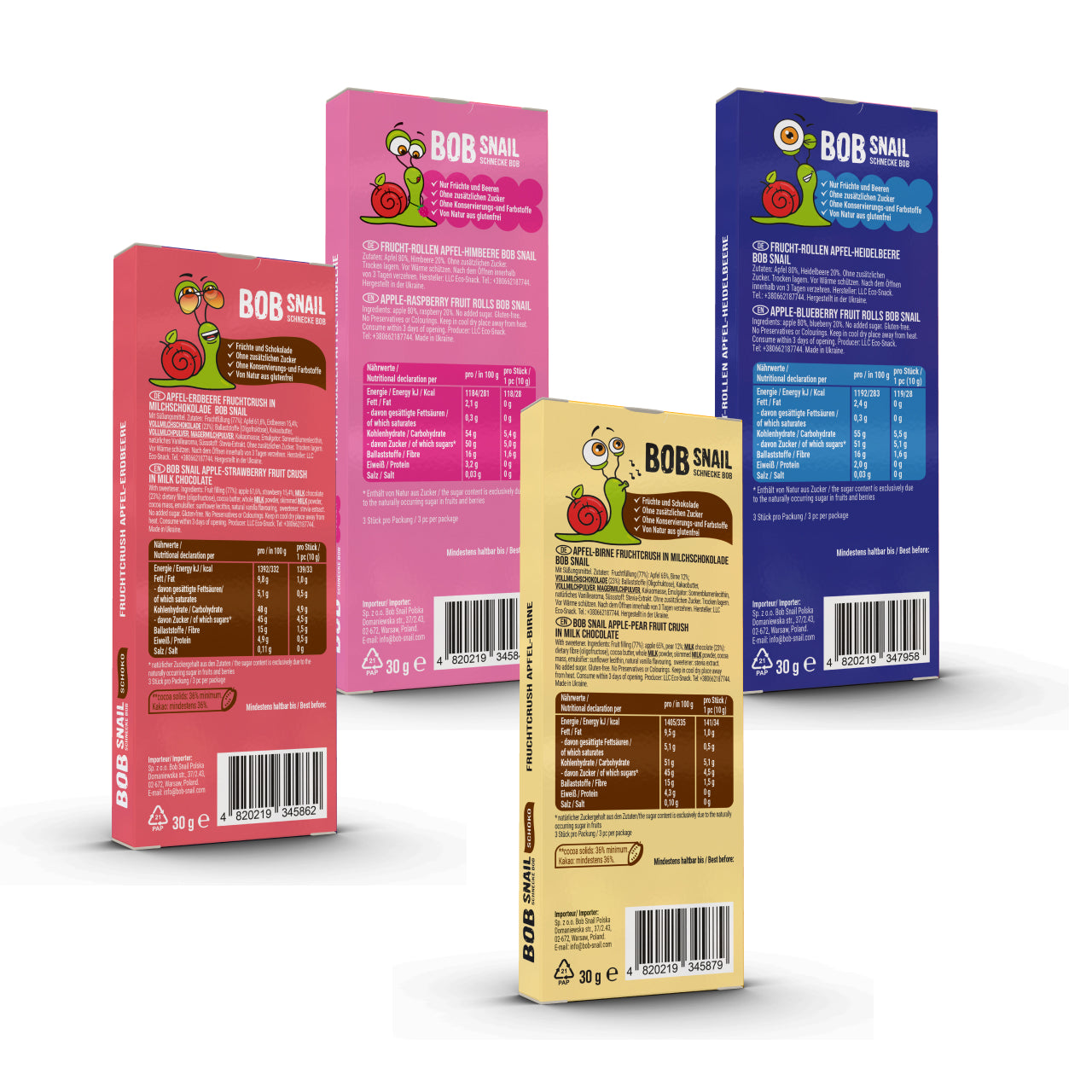 Bob Snail Set 5 – Fruchtrollen & Fruchtcrush je 6 x 30g (Rollen: Apfel-Himbeere, Apfel-Heidelbeere | Crush: Apfel-Erdbeere, Apfel-Birne)