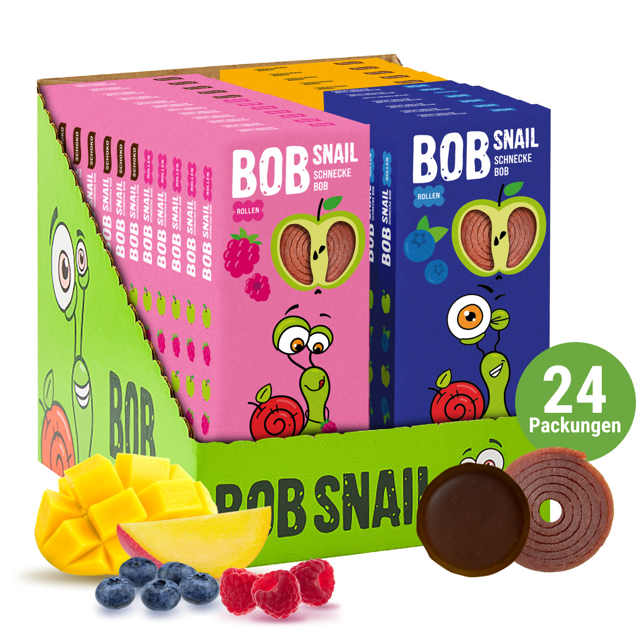 Bob Snail Set 6 – Fruchtrollen & Fruchtcrush je 6 x 30g (Rollen: Apfel-Heidelbeere, Apfel-Himbeere | Crush: Apfel-Himbeere, Mango)