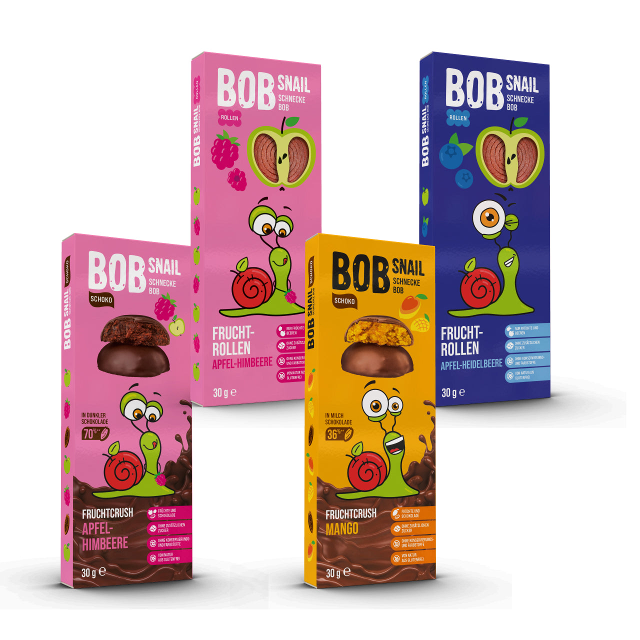 Bob Snail Set 6 – Fruchtrollen & Fruchtcrush je 6 x 30g (Rollen: Apfel-Heidelbeere, Apfel-Himbeere | Crush: Apfel-Himbeere, Mango)