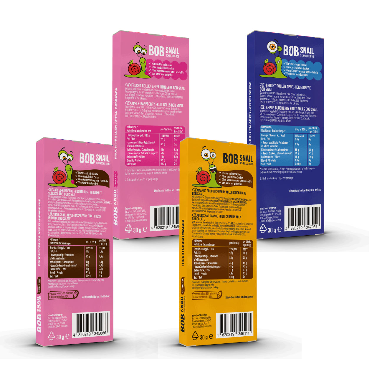 Bob Snail Set 6 – Fruchtrollen & Fruchtcrush je 6 x 30g (Rollen: Apfel-Heidelbeere, Apfel-Himbeere | Crush: Apfel-Himbeere, Mango)