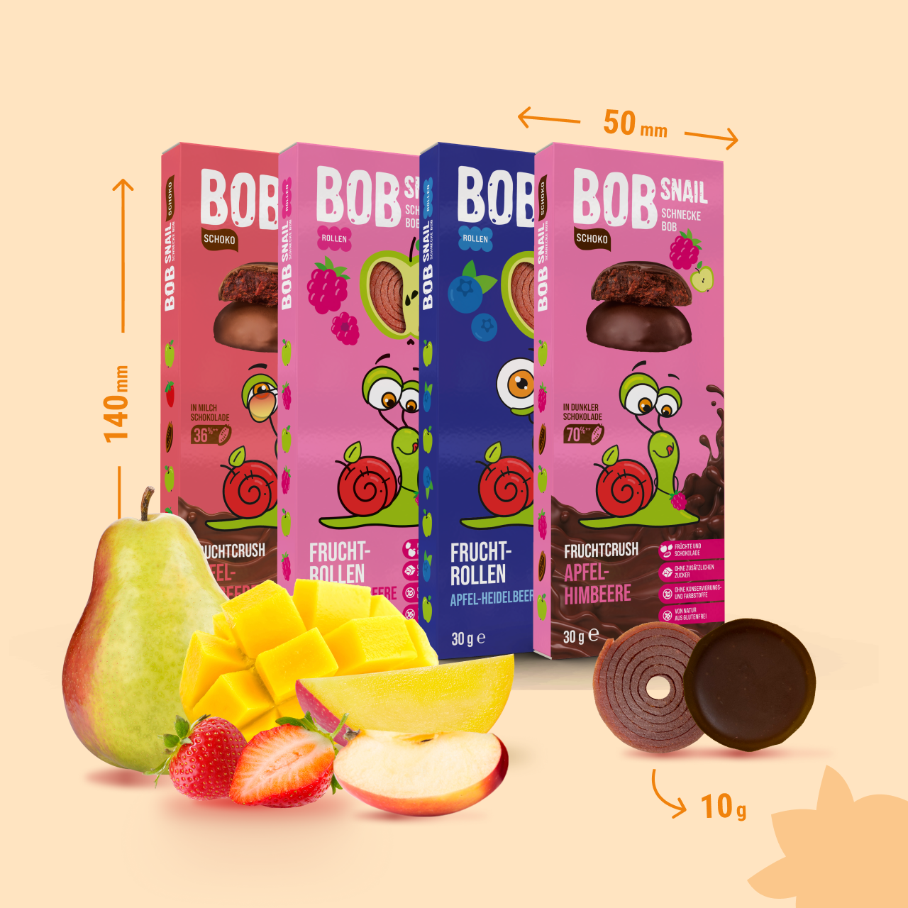 Bob Snail Set 6 – Fruchtrollen & Fruchtcrush je 6 x 30g (Rollen: Apfel-Heidelbeere, Apfel-Himbeere | Crush: Apfel-Himbeere, Mango)