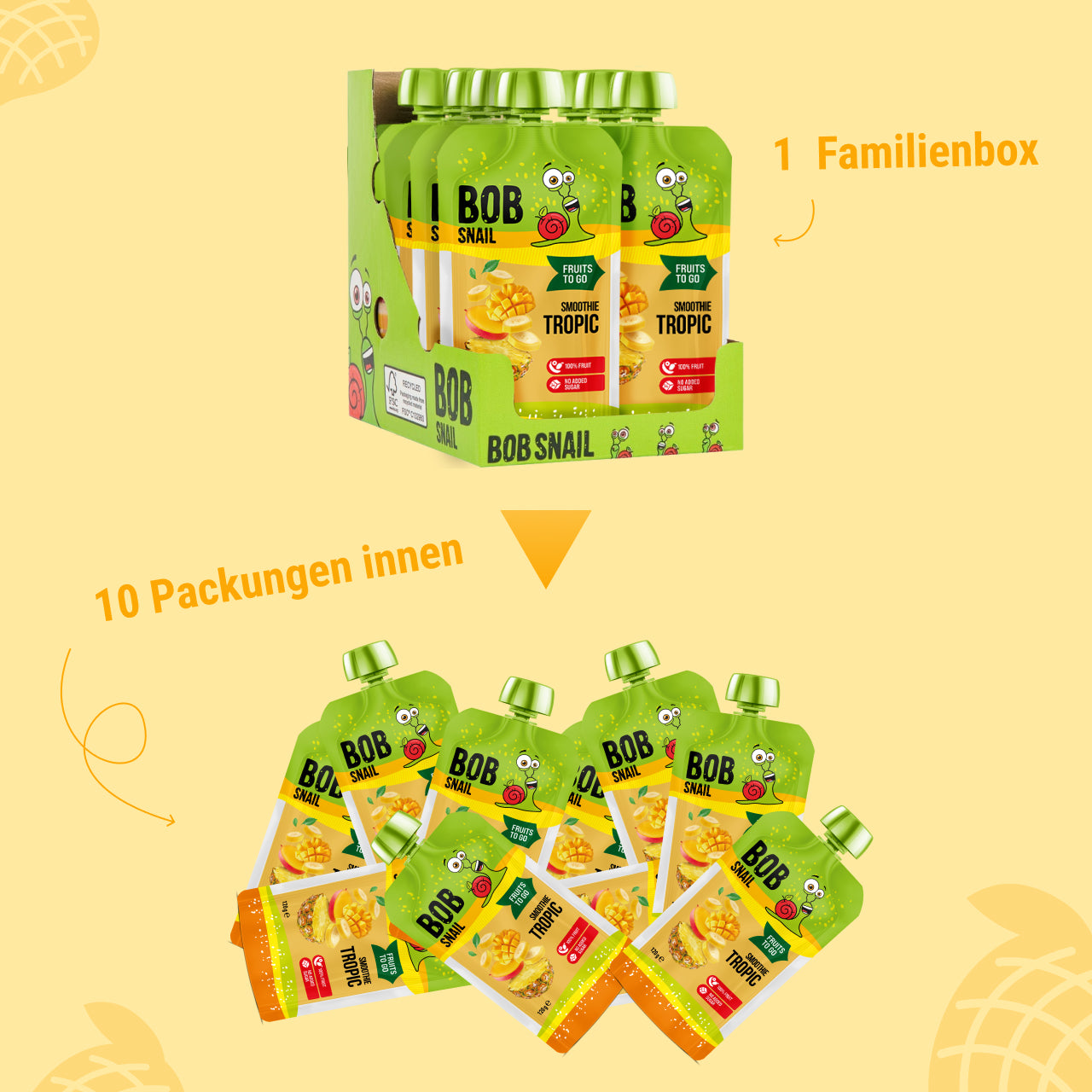 Bob Snail Quetschie Frucht Smoothie Banane Ananas Mango 10x120g