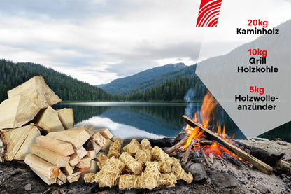 RHINOROCK Holz & Glut Mega Set – 55 kg (25 kg Anzündholz, 20 kg Buchenholz, 10 kg Holzwolle-Anzünder) – Für Kamin, Grill und Feuerstelle