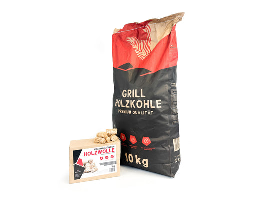 RHINOROCK Grillmeister Premium Set – 10 kg Premium-Grillholzkohle & 1 kg Holzwolle-Anzünder – Für müheloses Anzünden und erstklassige Grillergebnisse