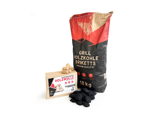 RHINOROCK Profi Briketts Starter Set – 11 kg (10 kg Briketts + 1 kg Holzwolle-Anzünder) – Langanhaltende Glut & müheloses Anzünden für perfekte BBQ-Sessions