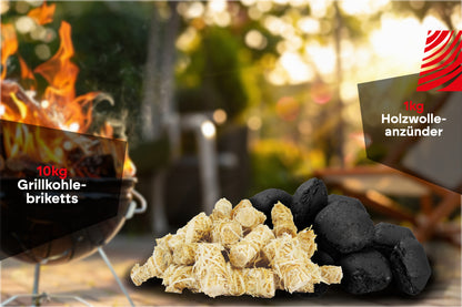 RHINOROCK Profi Briketts Starter Set – 11 kg (10 kg Briketts + 1 kg Holzwolle-Anzünder) – Langanhaltende Glut & müheloses Anzünden für perfekte BBQ-Sessions
