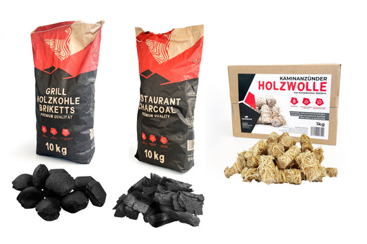 RHINOROCK BBQ Komplett Set Premium – 25 kg (10 kg Grillholzkohlebriketts, 10 kg Grillholzkohle, 5 kg Holzwolle-Anzünder) – Für professionelle Grillergebnisse & langanhaltende Hitze