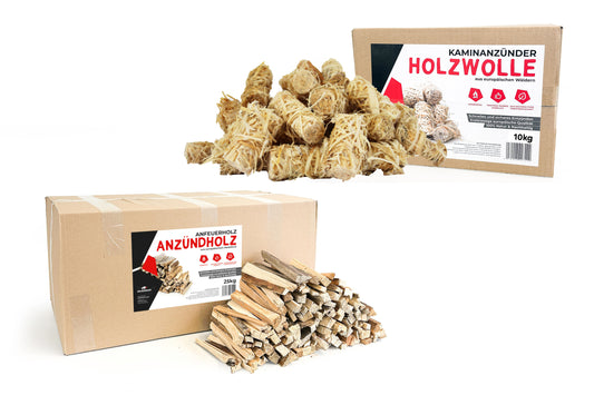RHINOROCK Feuerstarter Set XXL – 35 kg (25 kg Anzündholz, 10 kg Holzwolle-Anzünder) – Für schnelles, sauberes Entzünden von Kamin, Grill & Lagerfeuer
