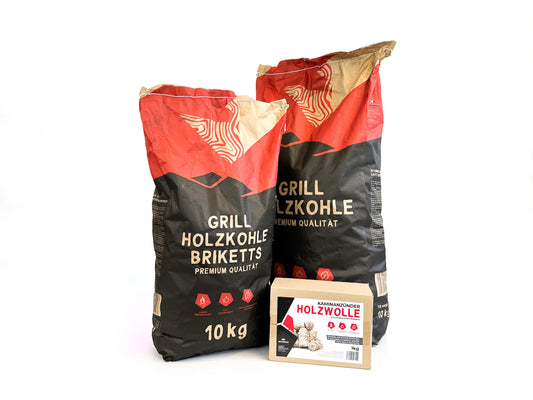 RHINOROCK BBQ Komplett Set Classic – 21 kg (10 kg Grillholzkohlebriketts, 10 kg Grillholzkohle + 1 kg Holzwolle-Anzünder) – Für perfektes Grillen, schnelle Hitze & lange Brenndauer