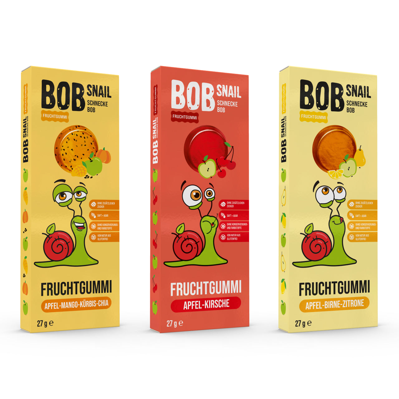 Bob Snail Set 25 - Fruchtgummies 12x27g Apfel-Mango-Kürbis-Chia & je 6x27g Apfel-Kirsche und Apfel-Birne-Zitrone