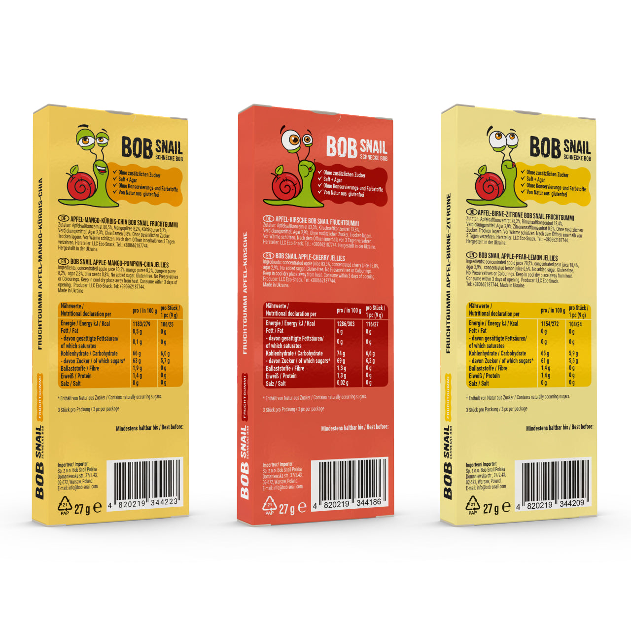 Bob Snail Set 25 - Fruchtgummies 12x27g Apfel-Mango-Kürbis-Chia & je 6x27g Apfel-Kirsche und Apfel-Birne-Zitrone