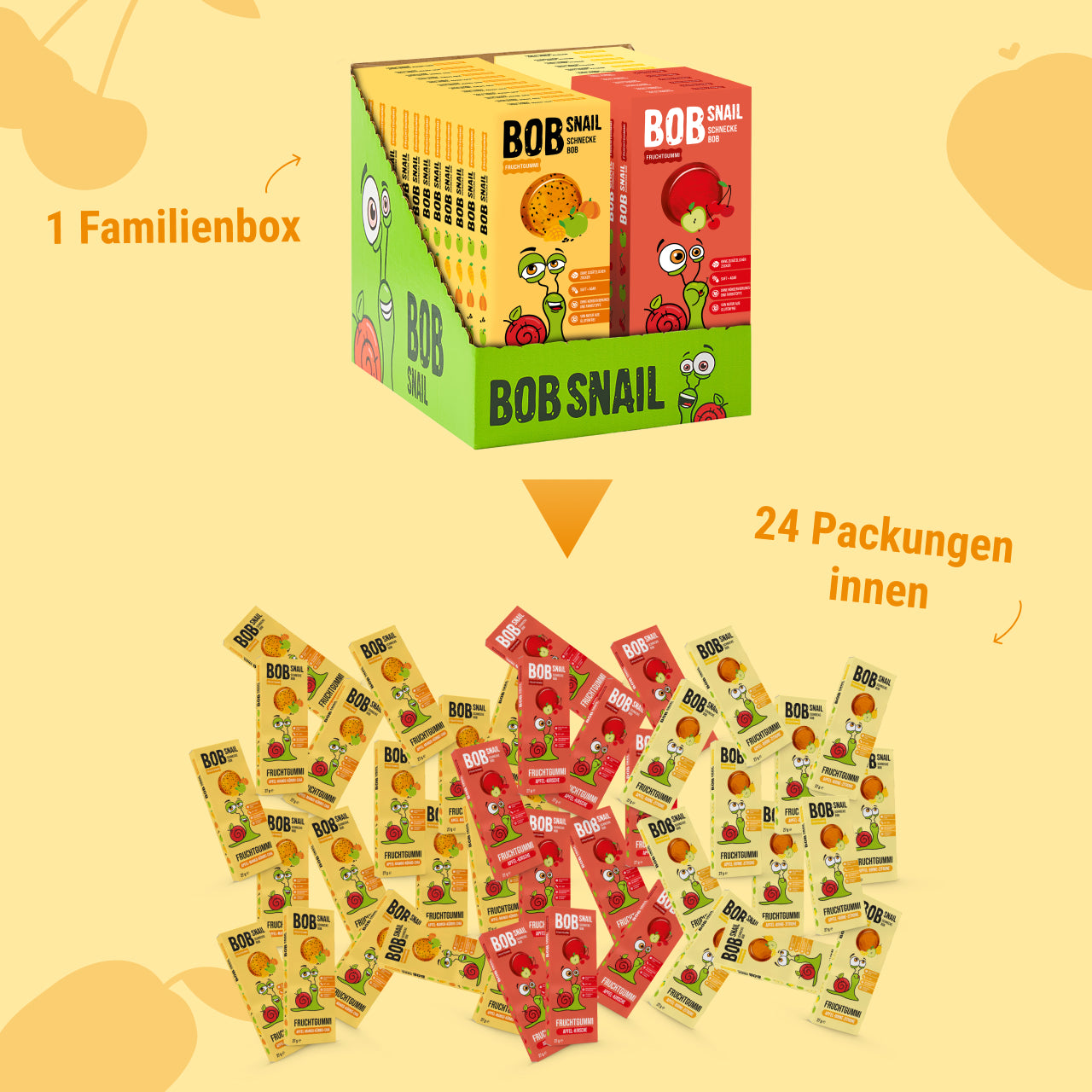 Bob Snail Set 25 - Fruchtgummies 12x27g Apfel-Mango-Kürbis-Chia & je 6x27g Apfel-Kirsche und Apfel-Birne-Zitrone
